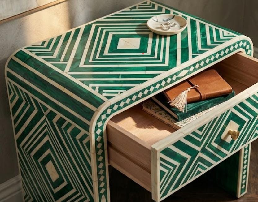 Emerald Green Bone Inlay Bedside Table Geometric Waterfall Design - Detail Close-up