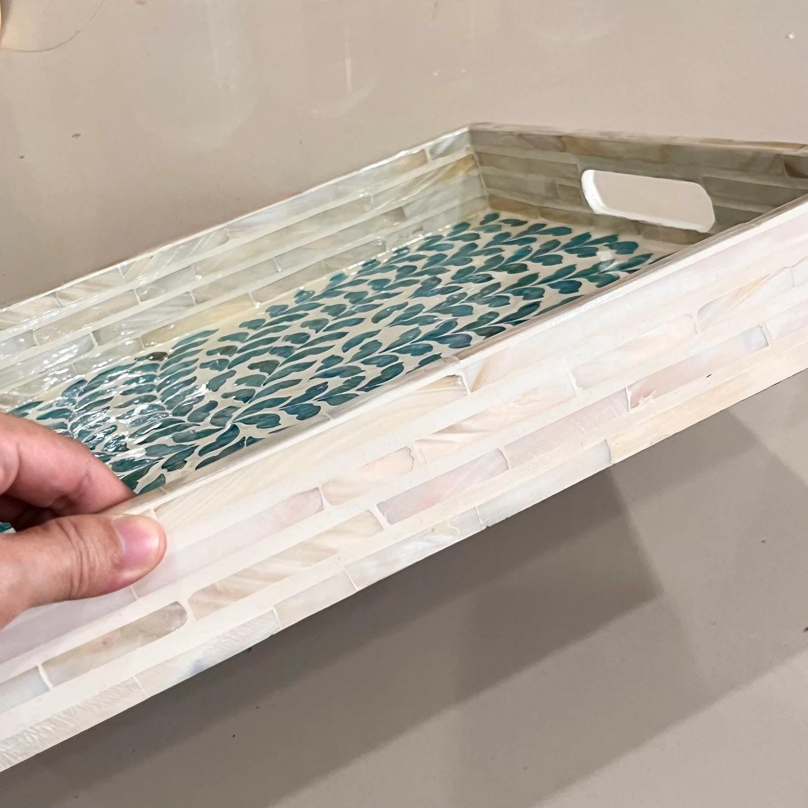 Handmade Blue Mother of Pearl Inlay Serving Tray | Rectangular 35x25cm Botanical MOP Home Decor - Full Profile