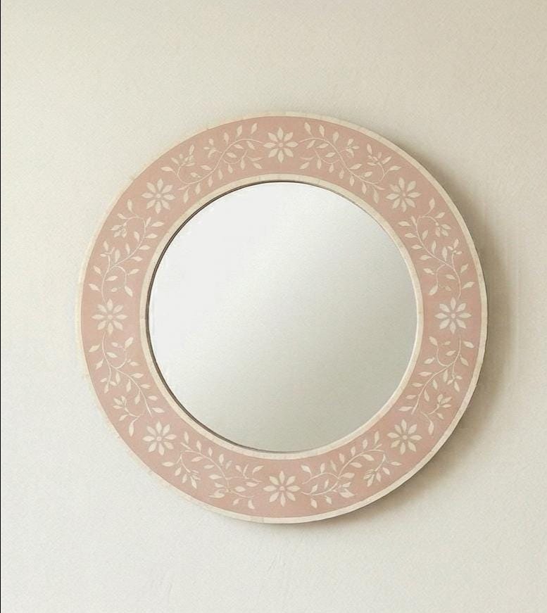 Blush Pink Bone Inlay Mirror – Minimal Floral Round Handmade Wall Decor - Room Setting