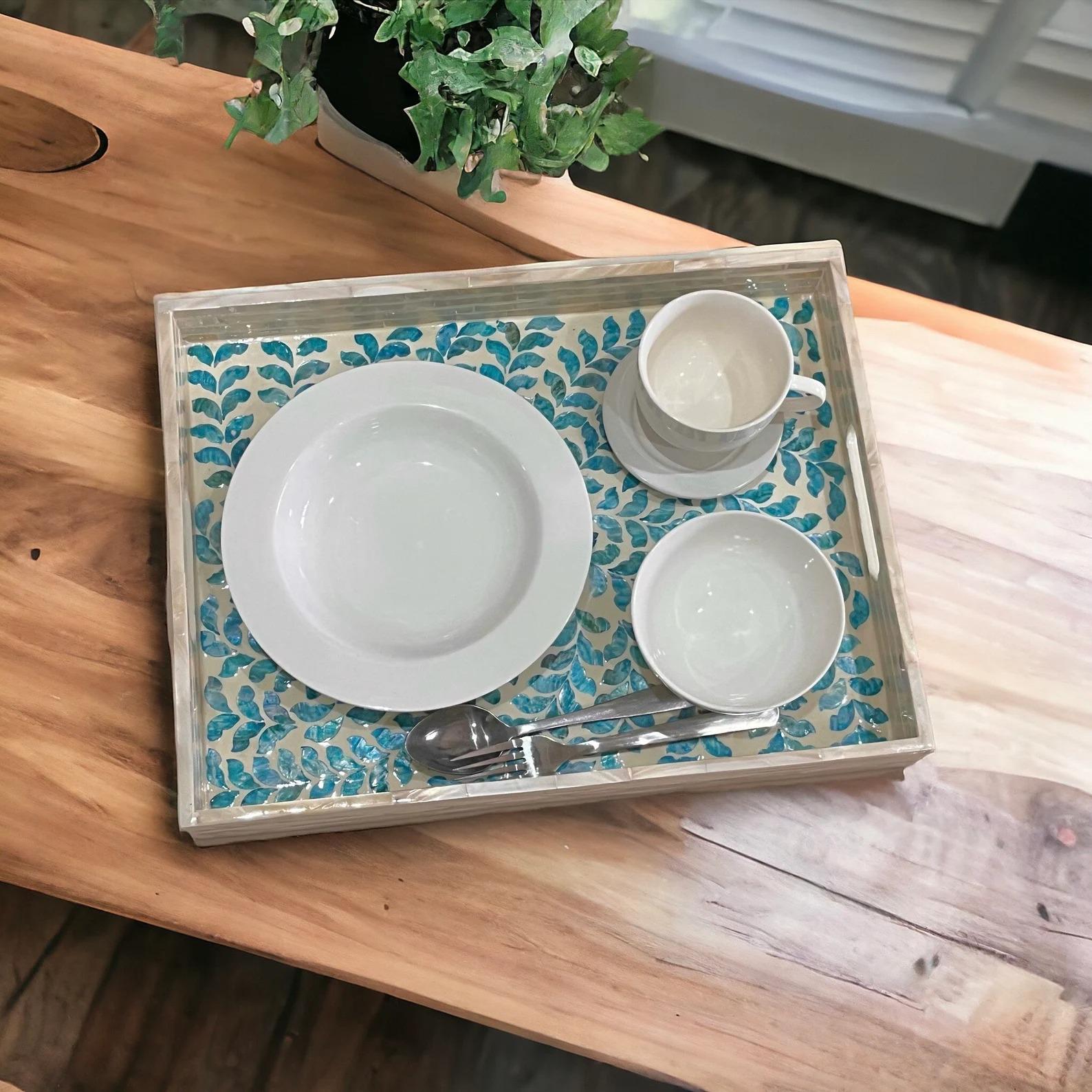 Handmade Blue Mother of Pearl Inlay Serving Tray | Rectangular 35x25cm Botanical MOP Home Decor - Alternate View 1