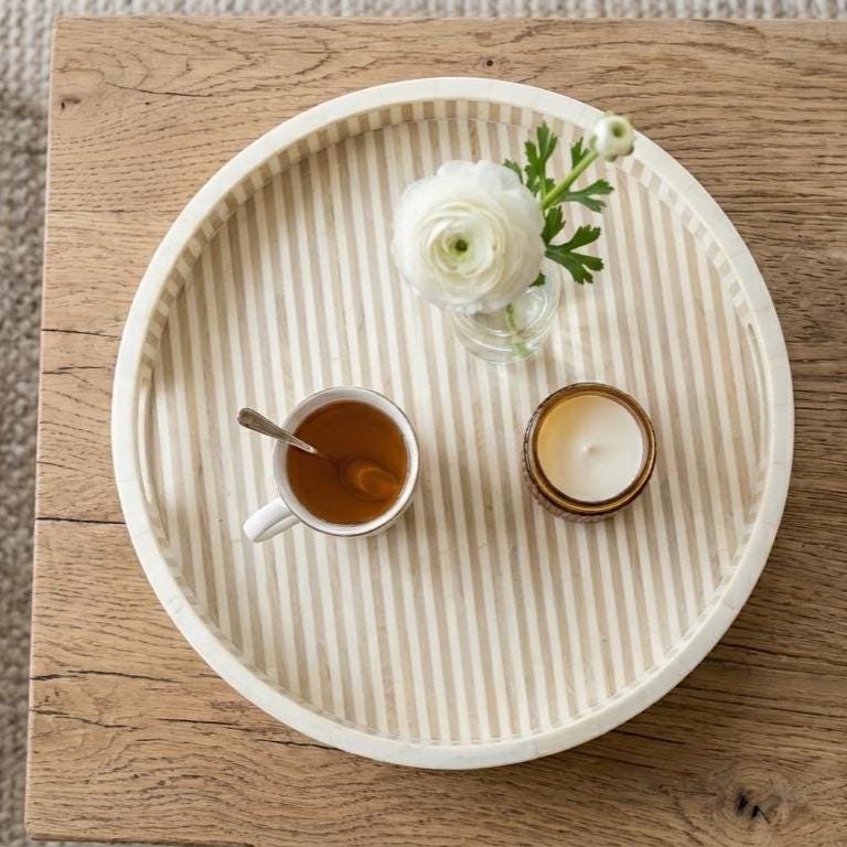 Round Serving Tray Bone Inlay Stripe Pattern Handmade vanity Decor - Detail Close-up