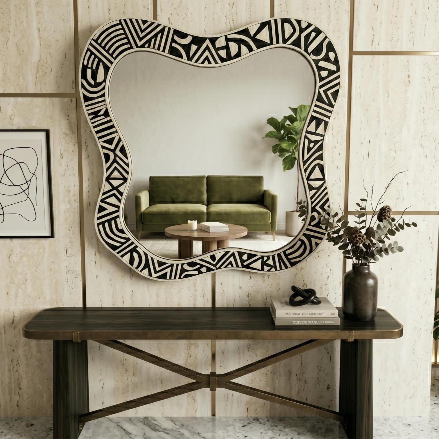handmade Wall Mirror Organic Shape Bone Inlay Asymmetrical Vanity Decor | antique mirror - Full Profile