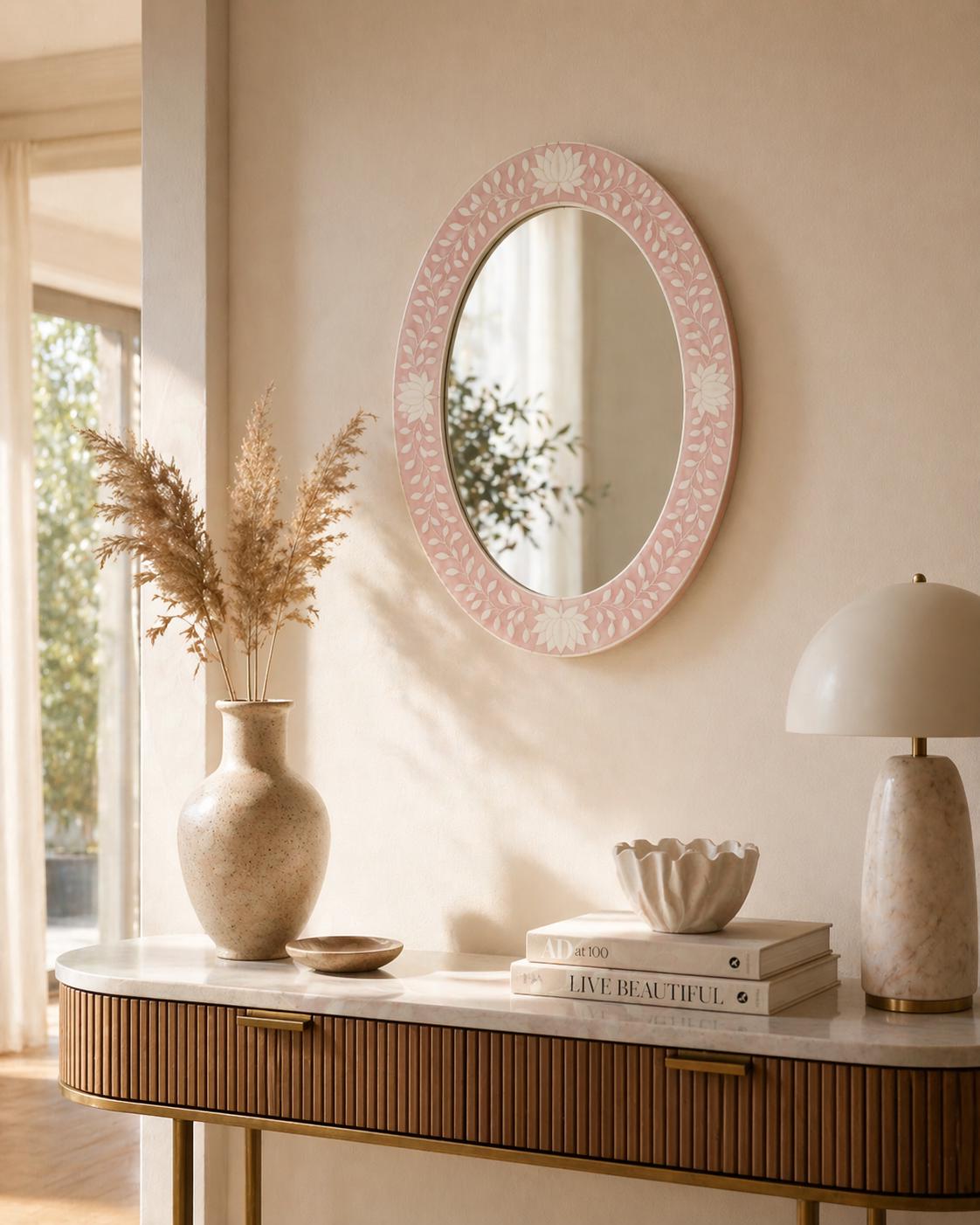 Blush Pink Oval Bone Inlay Mirror, Handmade Floral Vanity Decor | unique mirror - Side Angle