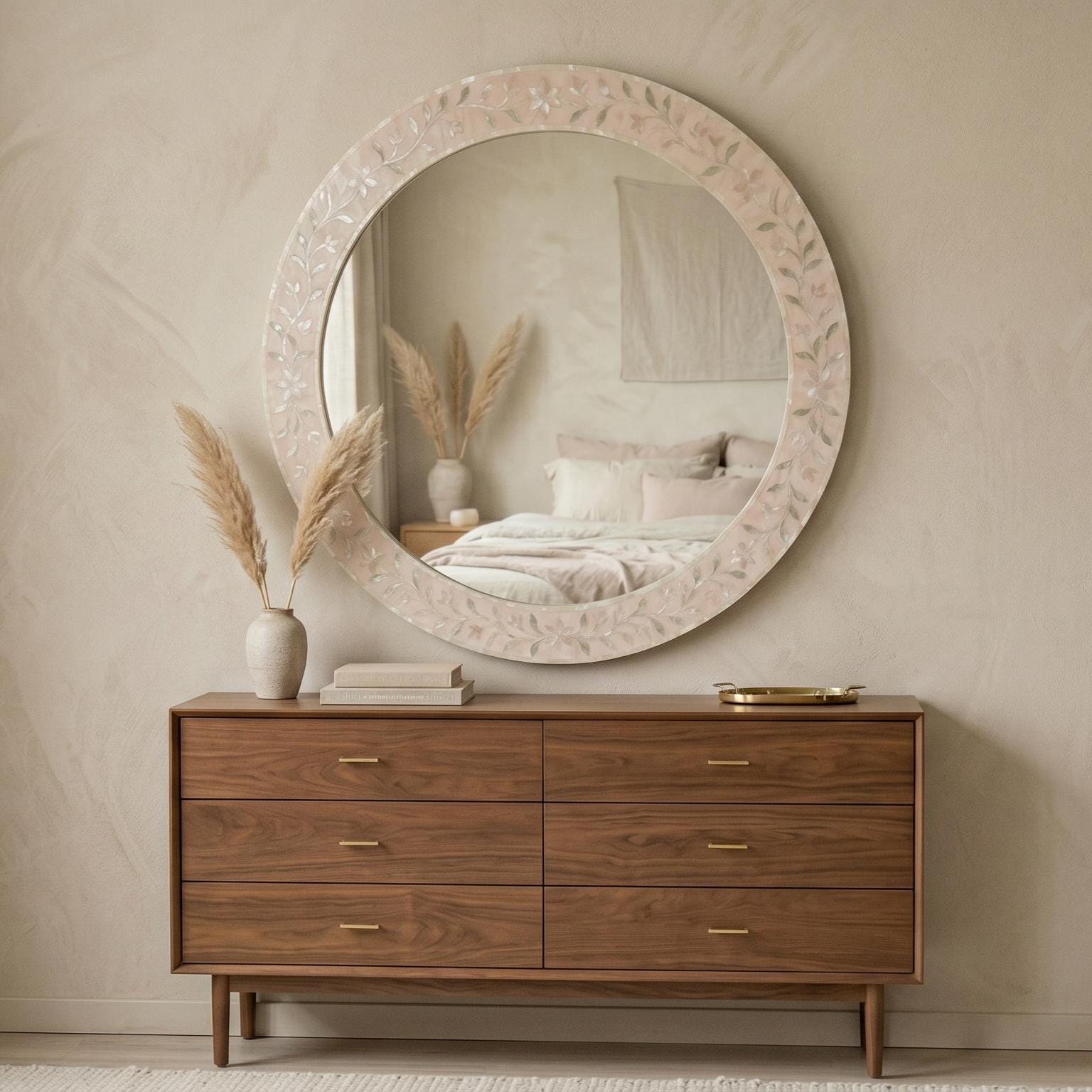 pearl inlay floral vine Blush Pink Round Mirror wall decor unique - Side Angle