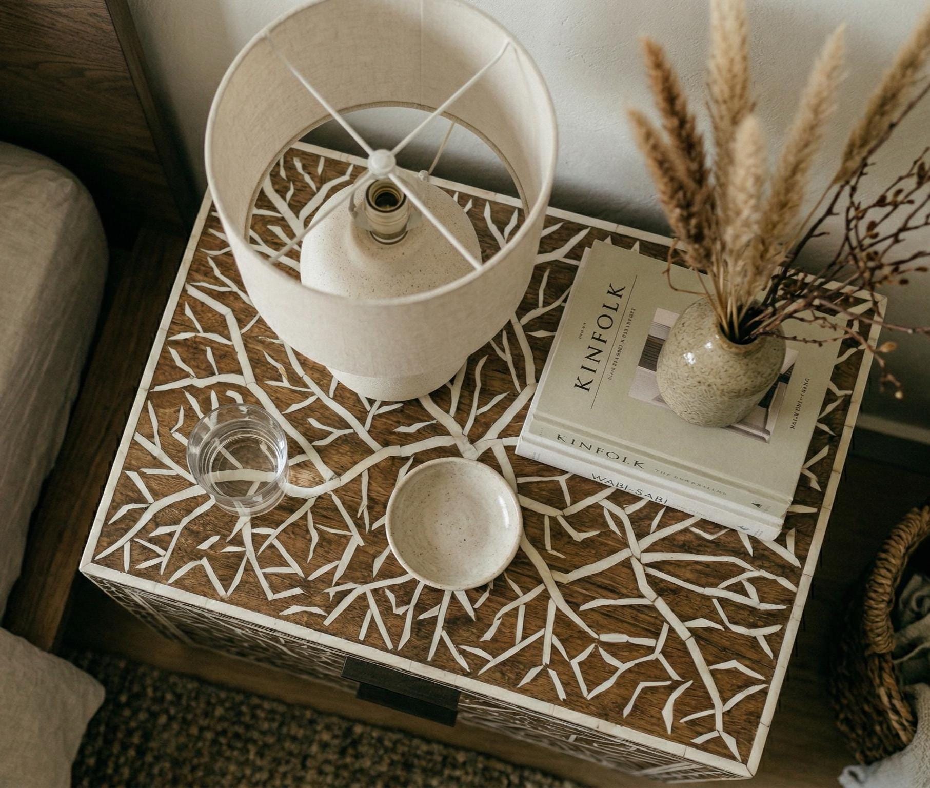 Organic Pattern Bone Inlay Bedside Table , unique side table , indian furniture - Side Angle