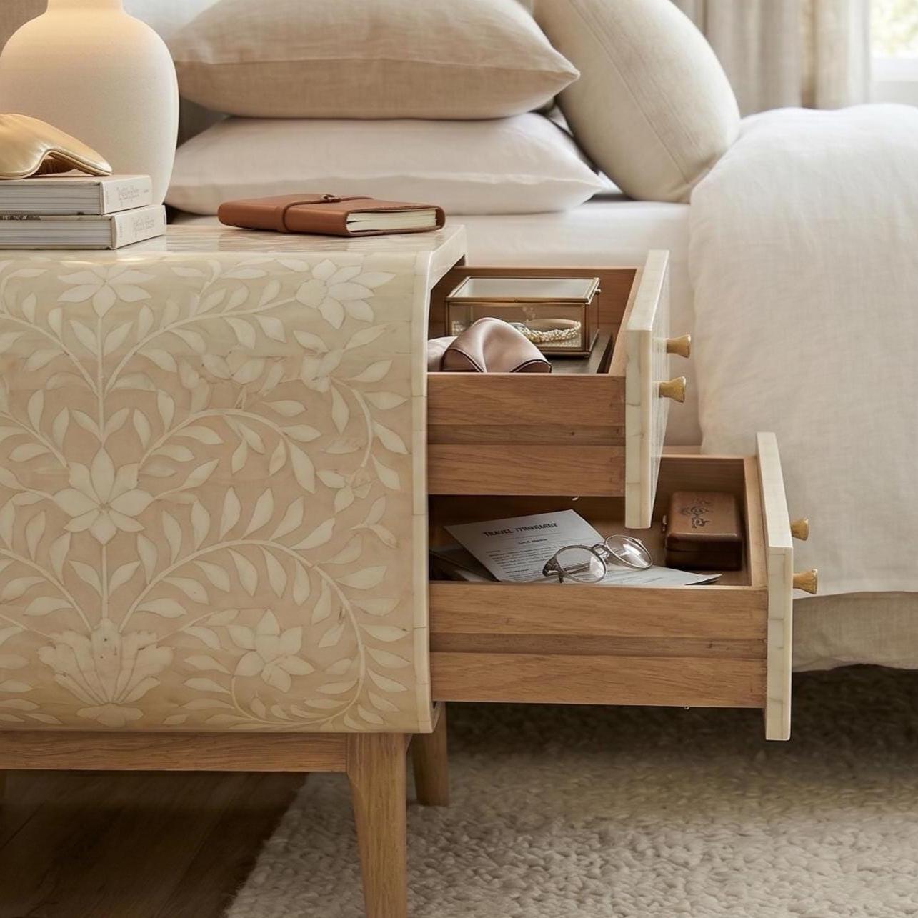 Bone Inlay floral Curved Bedside Table Floral Handmade Nightstand - Alternate View 2