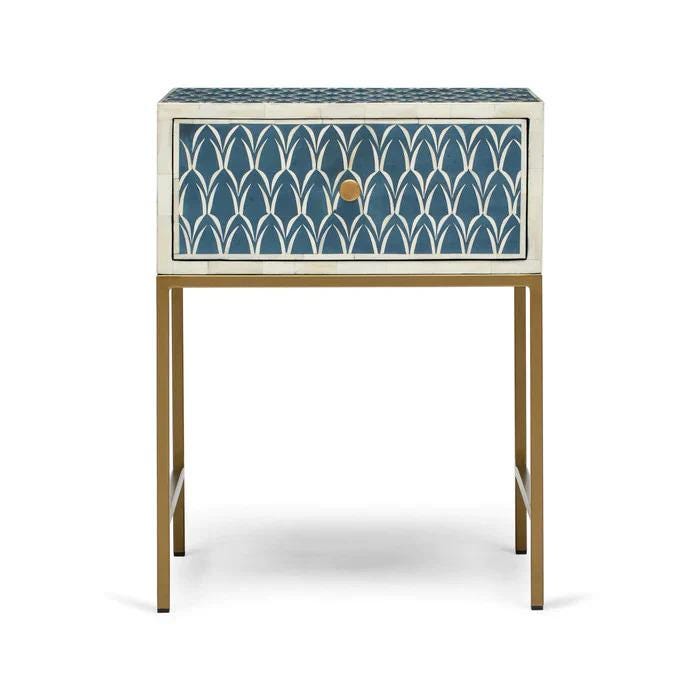 Indigo Bedside Table One Drawer Bone Inlay Metal Legs Arched Nightstand - Side Angle