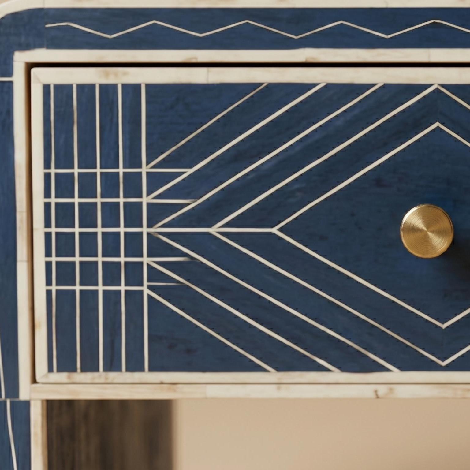 Navy Blue Bone Inlay Bedside Table Minimal Checker Pattern - Detail Close-up