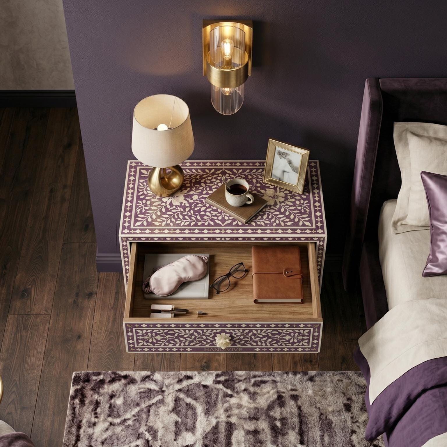 Royal Purple Bone Inlay Floating Bedside Table Mughal Floral Design - Side Angle