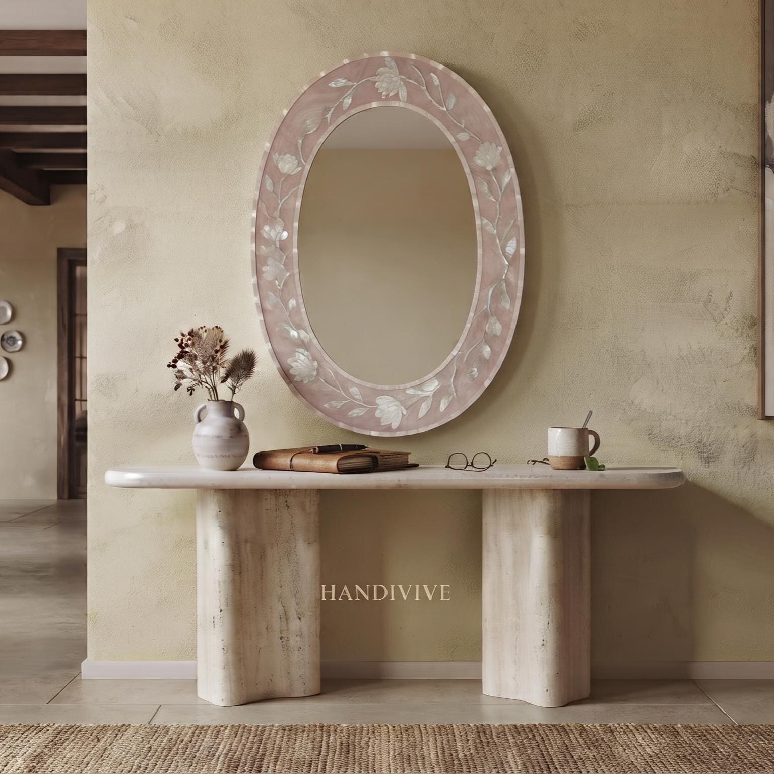 Oval Mother of Pearl Inlay Mirror Dusty Blush Pink , Magnolia Garden MOP Wall Mirror - Side Angle