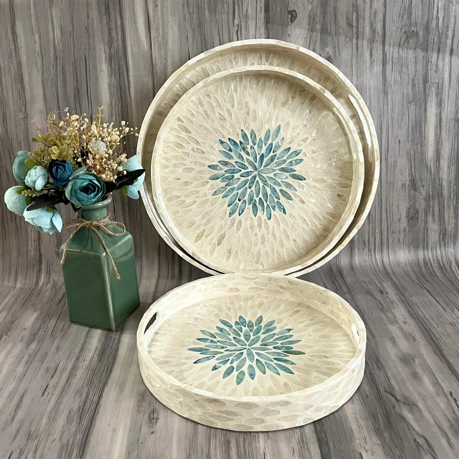Mother of Pearl Mosaic Round Tray Handmade Home Decor - Side Angle