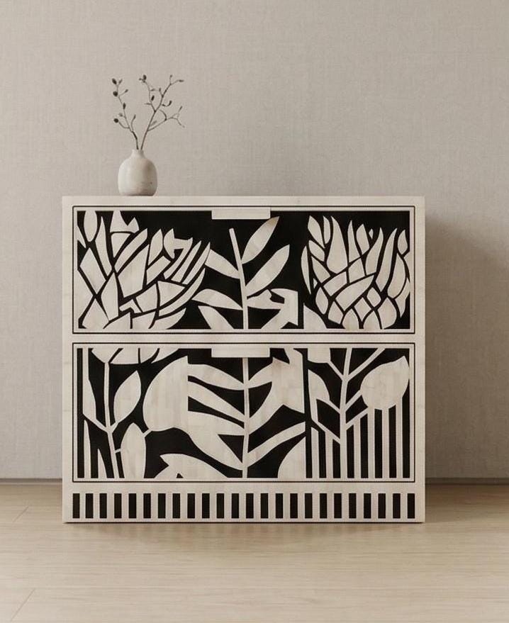 bone inlay Floral Protea Nightstand Handmade Side Table - Side Angle