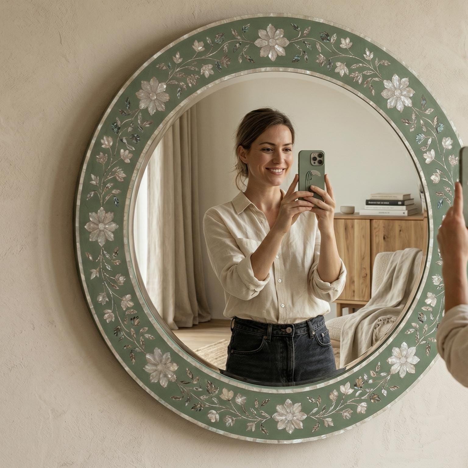Sage Green Mother of Pearl Floral Inlay Mirror Luxury Wall Decor - Full Profile