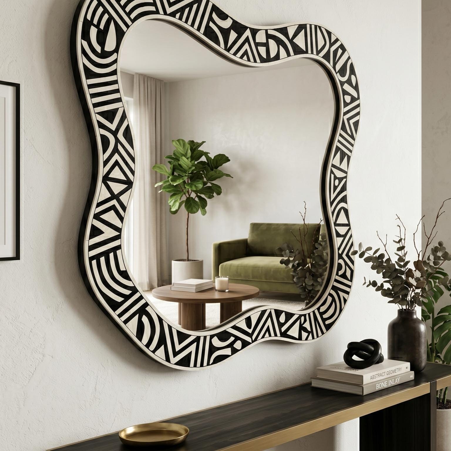 handmade Wall Mirror Organic Shape Bone Inlay Asymmetrical Vanity Decor | antique mirror - Side Angle
