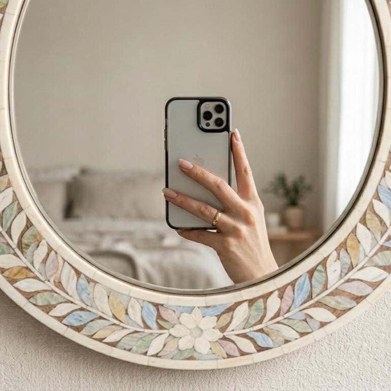 Oval Bone Inlay Floral Mirror – Boho Home Decor, Artisan Crafted Ivory Floral Wall Accent - Full Profile