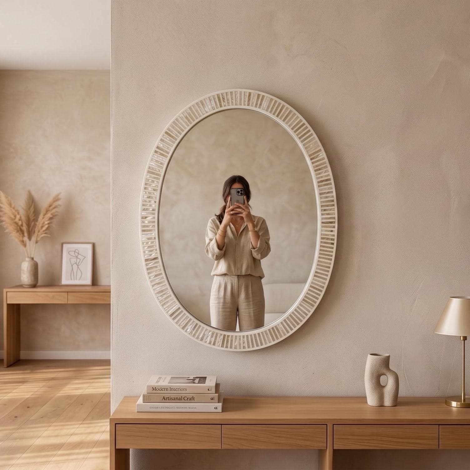 Oval Mother of Pearl Mirror, Modern Stripe Inlay Vanity, Handmade Luxury Bathroom Decor - Side Angle