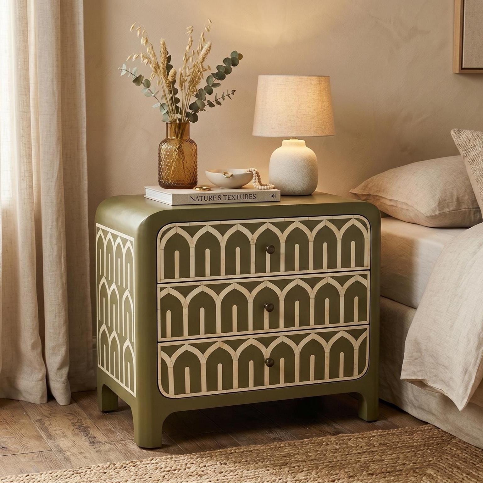 Dusty Olive Bone Inlay Bedside Table Arch Pattern Nightstand - Full Profile