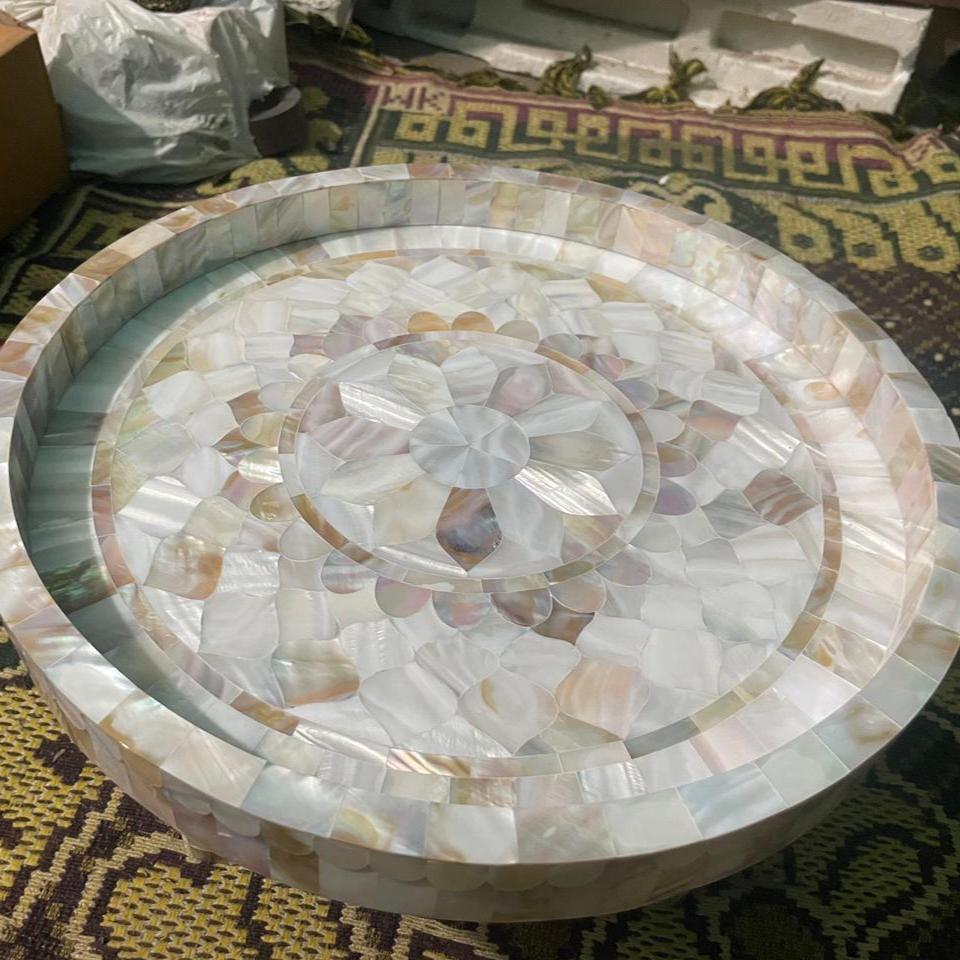Mother of Pearl Inlay Round Tray Handmade Decorative Serving Tray - Full Profile