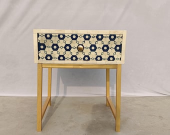 Blue Geometric Bone Inlay Bedside Table, Gold Metal Legs, Handmade Luxury Side Table
