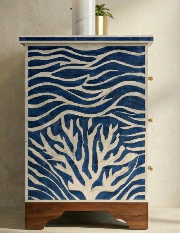 handmade Blue Wave Bone Inlay Bedside Table – Handmade Luxury 3 Drawer Nightstand - Detail Close-up