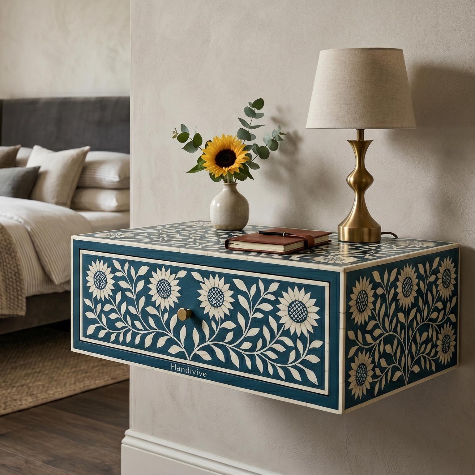 Sunflower Bone Inlay Floating Bedside Table Wall Mounted