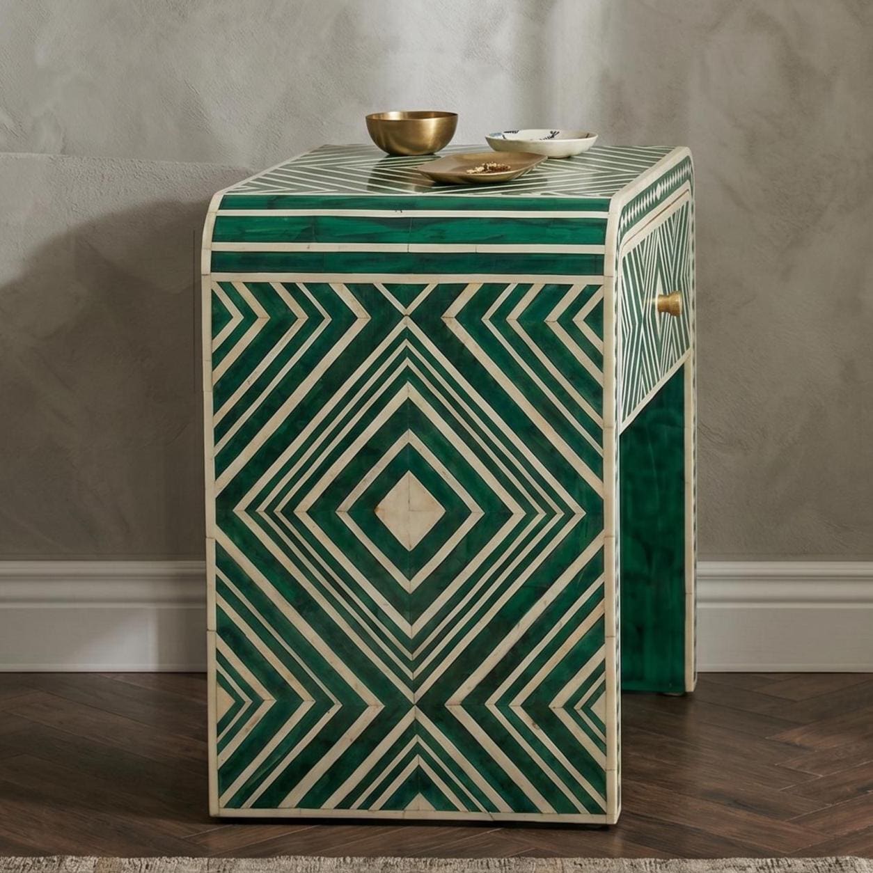 Emerald Green Bone Inlay Bedside Table Geometric Waterfall Design - Side Angle