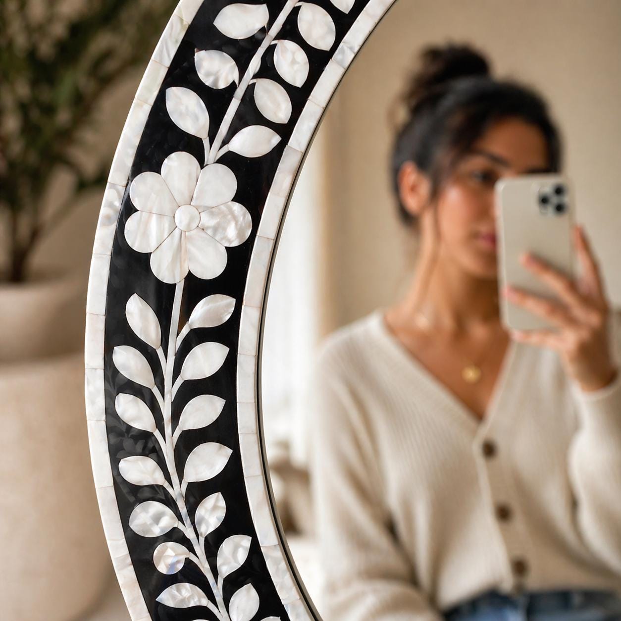 Black White Floral Oval Mirror Bone Inlay Handmade Wall Vanity Decor - Side Angle