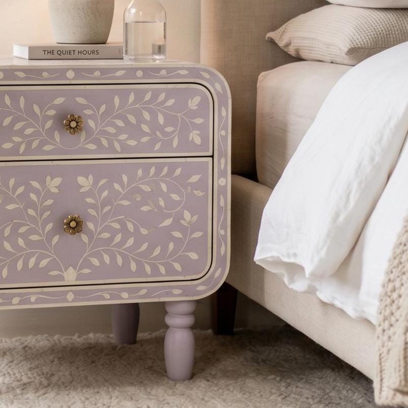 Lavender Bone Inlay Nightstand Floral Vine Pattern side table bedside - Full Profile