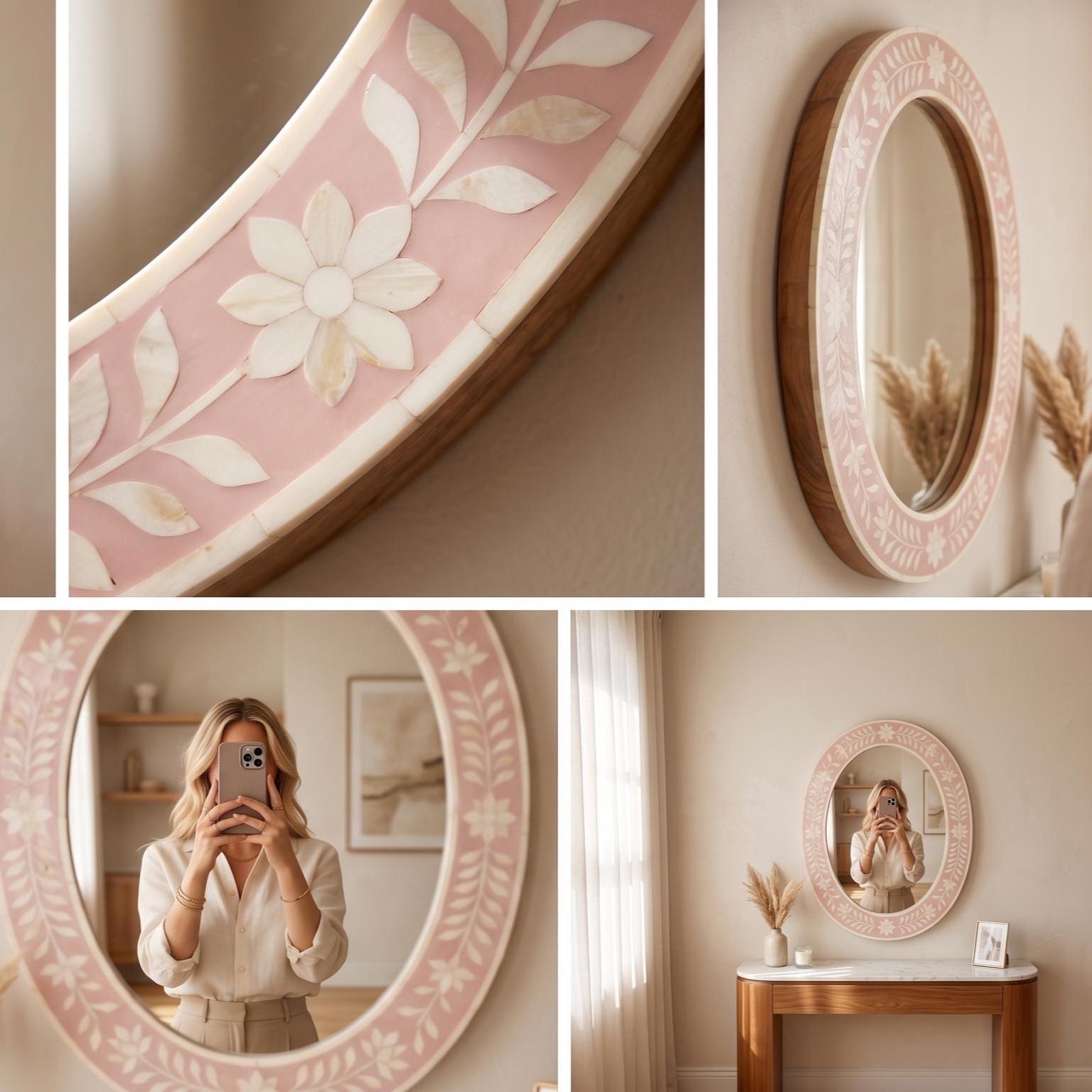 Blush Pink Floral Bone Inlay Oval Mirror, Handmade Vanity Decor Piece - Detail Close-up