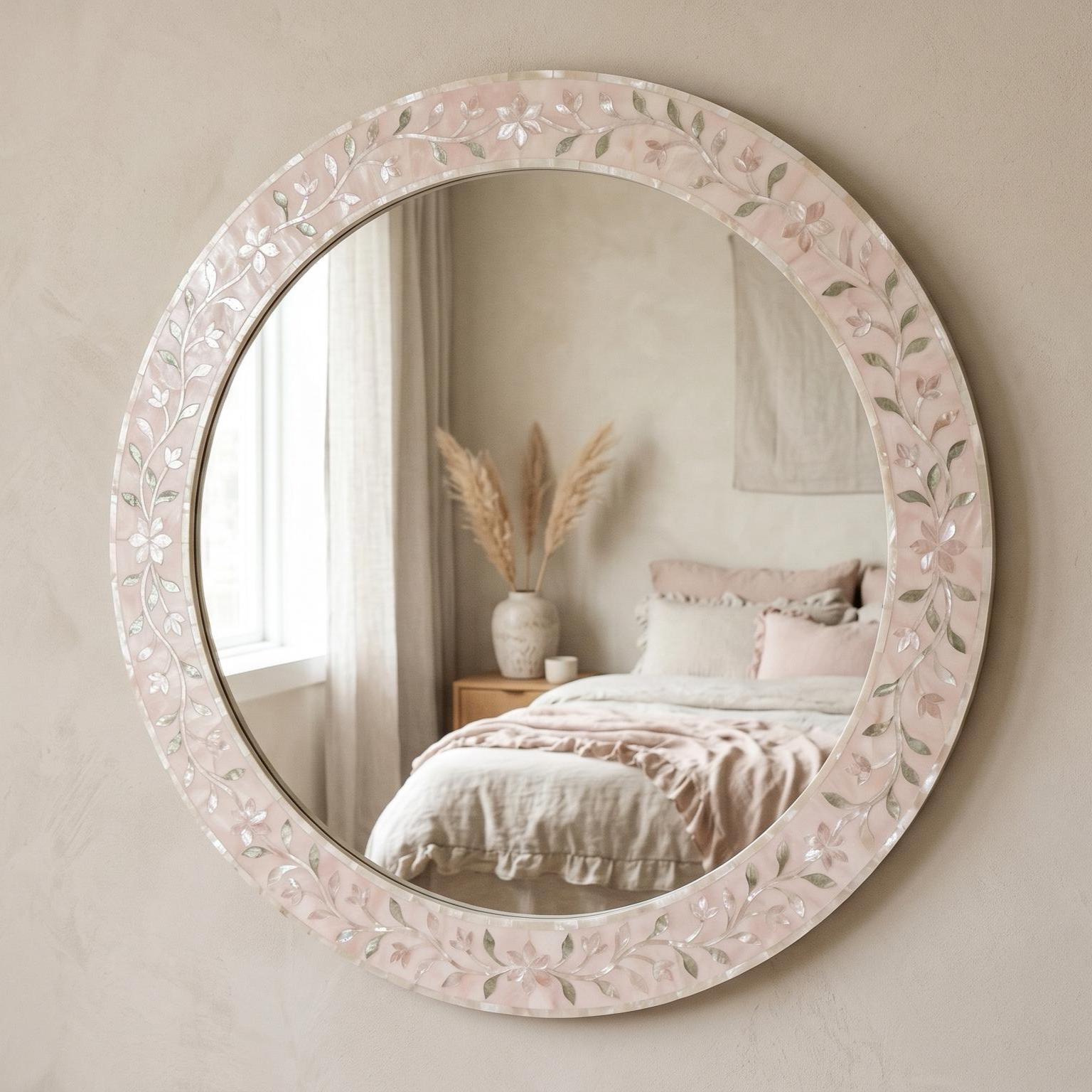 pearl inlay floral vine Blush Pink Round Mirror wall decor unique - Room Setting