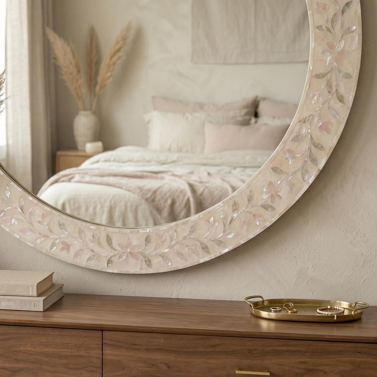 pearl inlay floral vine Blush Pink Round Mirror wall decor unique - Detail Close-up