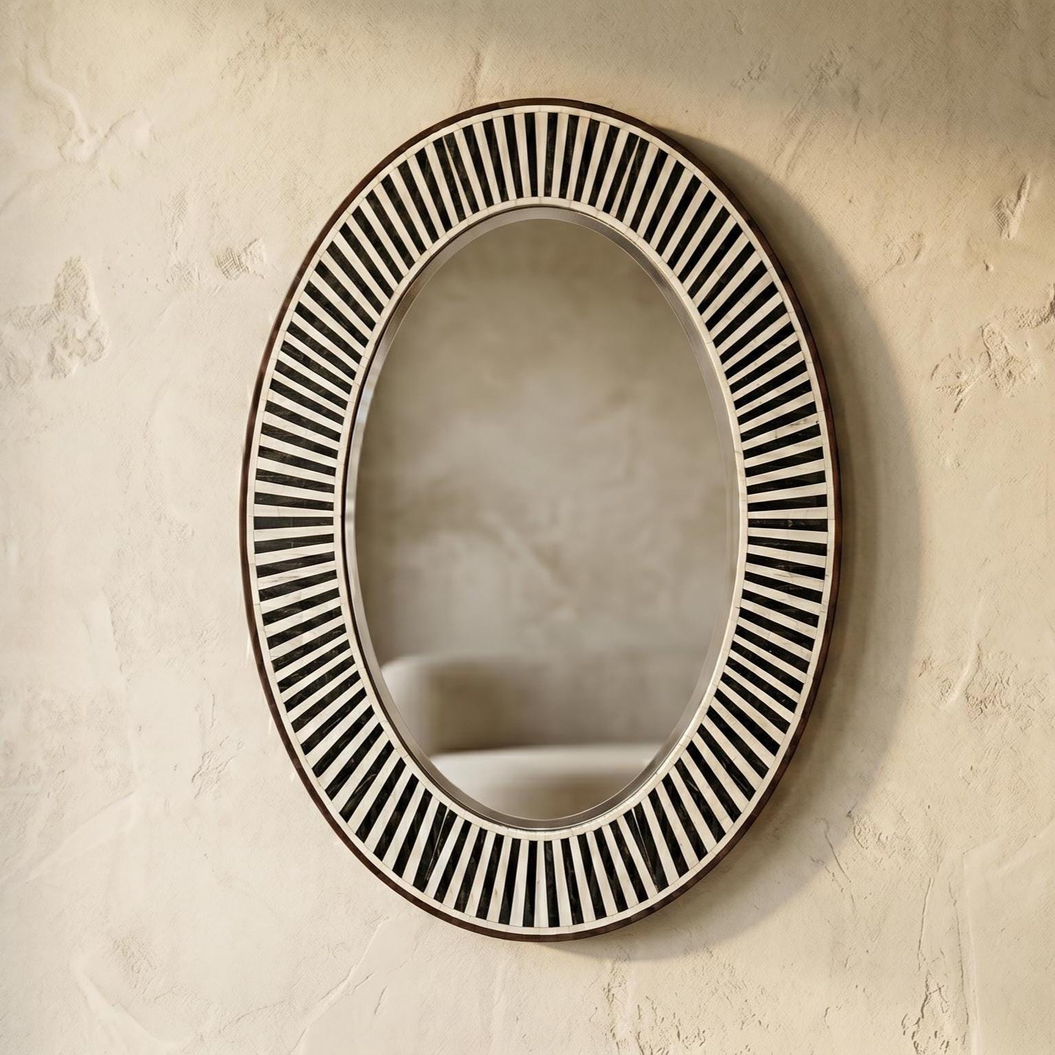 Oval Bone Inlay Mirror Black White Stripe Vanity Decor - Alternate View 1