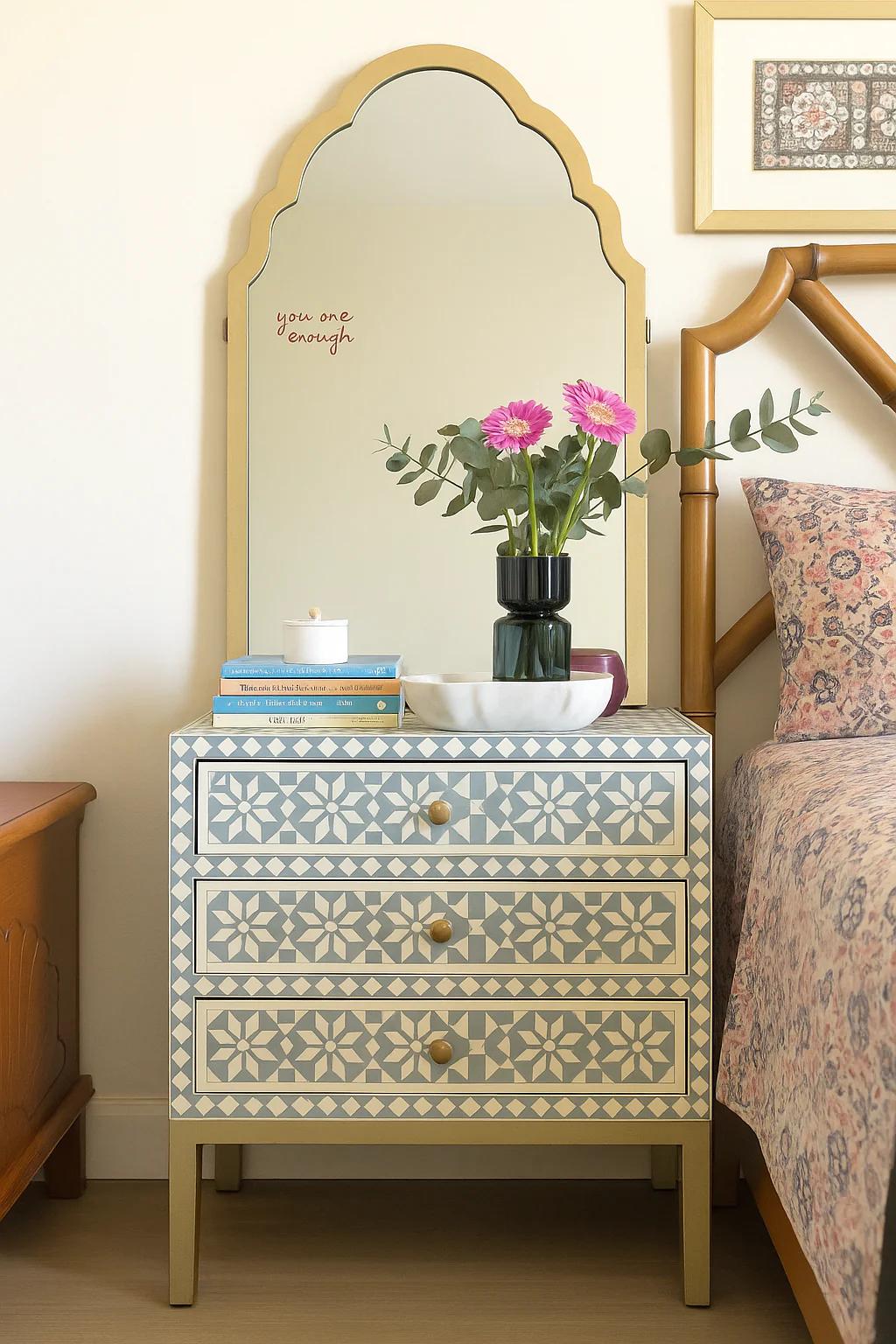 Moroccan Pattern Bone Inlay bedside Handmade Nightstand unique - Alternate View 1
