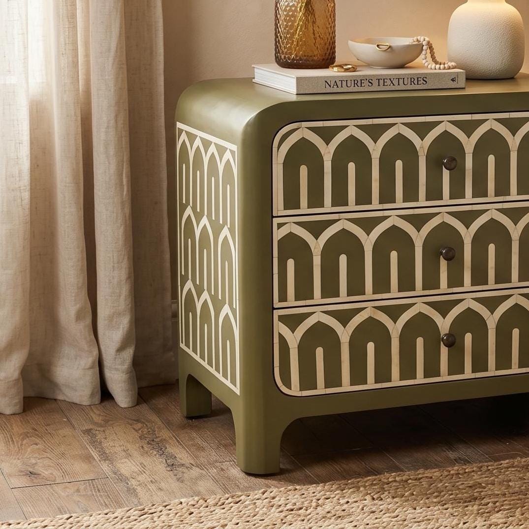 Dusty Olive Bone Inlay Bedside Table Arch Pattern Nightstand - Detail Close-up