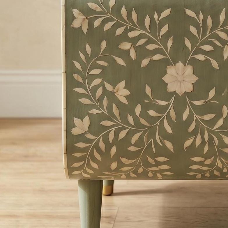 Sage Green Bone Inlay Nightstand Rounded Luxury Design - Alternate View 1