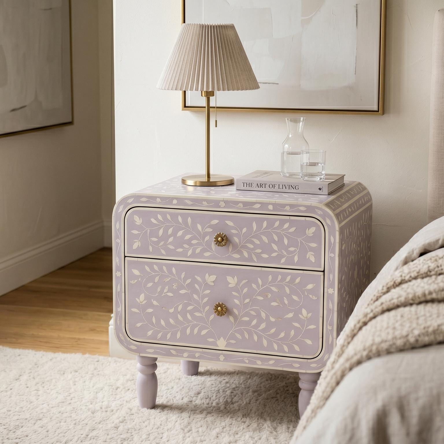 Lavender Bone Inlay Nightstand Floral Vine Pattern side table bedside - Side Angle