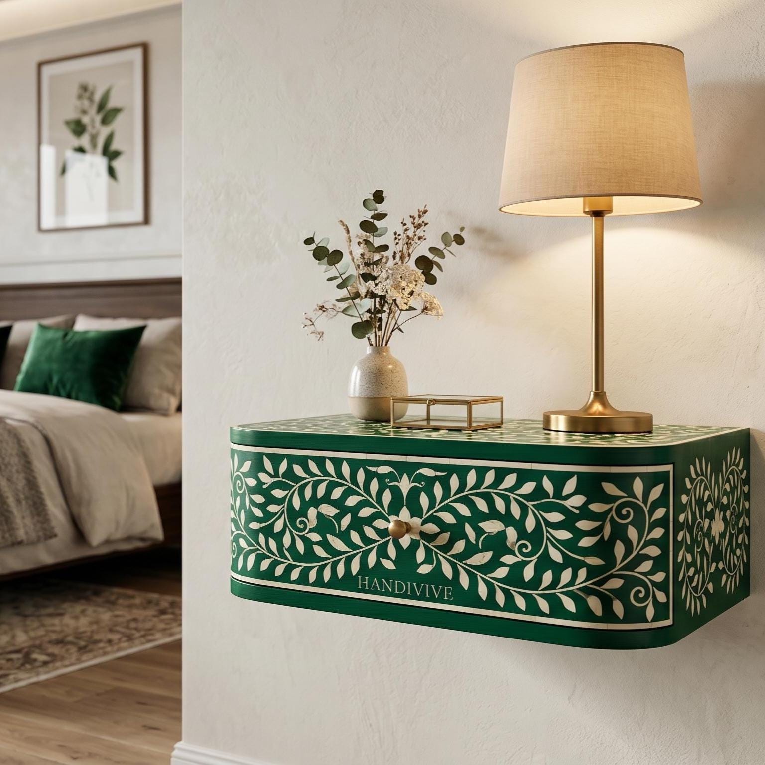 Floating Emerald Green Bone Inlay Nightstand Wall Mounted - Side Angle