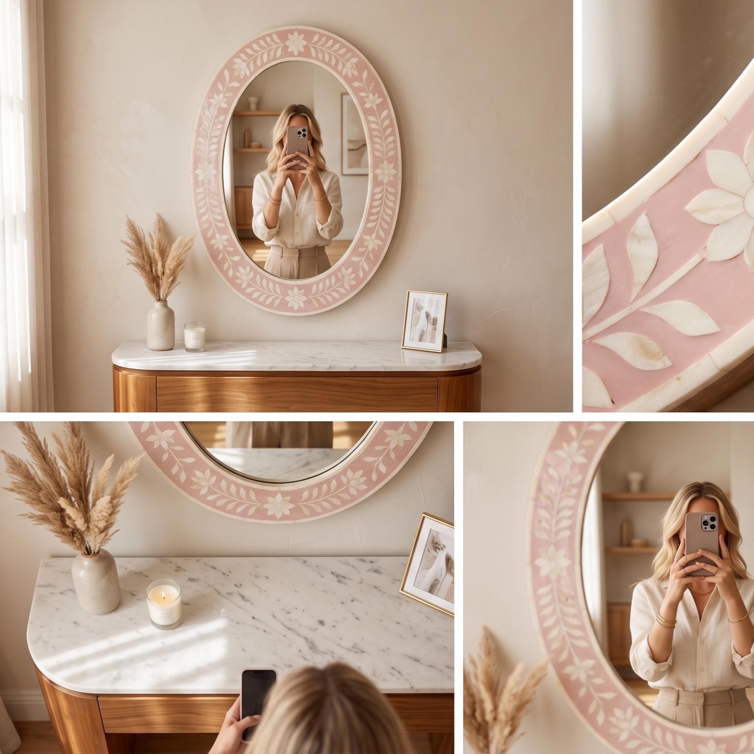 Blush Pink Floral Bone Inlay Oval Mirror, Handmade Vanity Decor Piece - Room Setting
