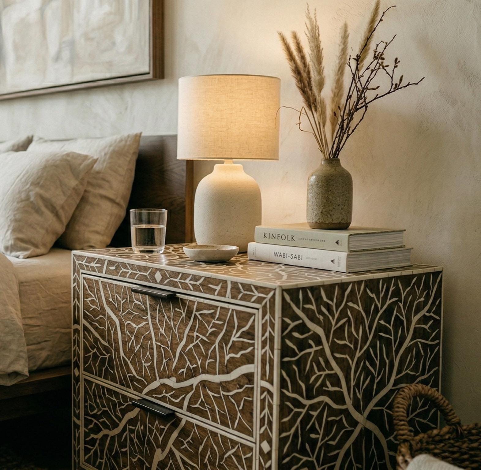 Organic Pattern Bone Inlay Bedside Table , unique side table , indian furniture - Detail Close-up