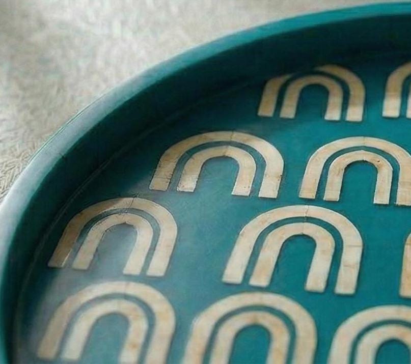 Turquoise Bone Inlay Round Tray Handmade Luxury Serving Tray - Alternate View 1