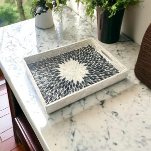 Handmade Black and White Mother of Pearl Inlay Serving Tray | Rectangular MOP Mosaic Decor
