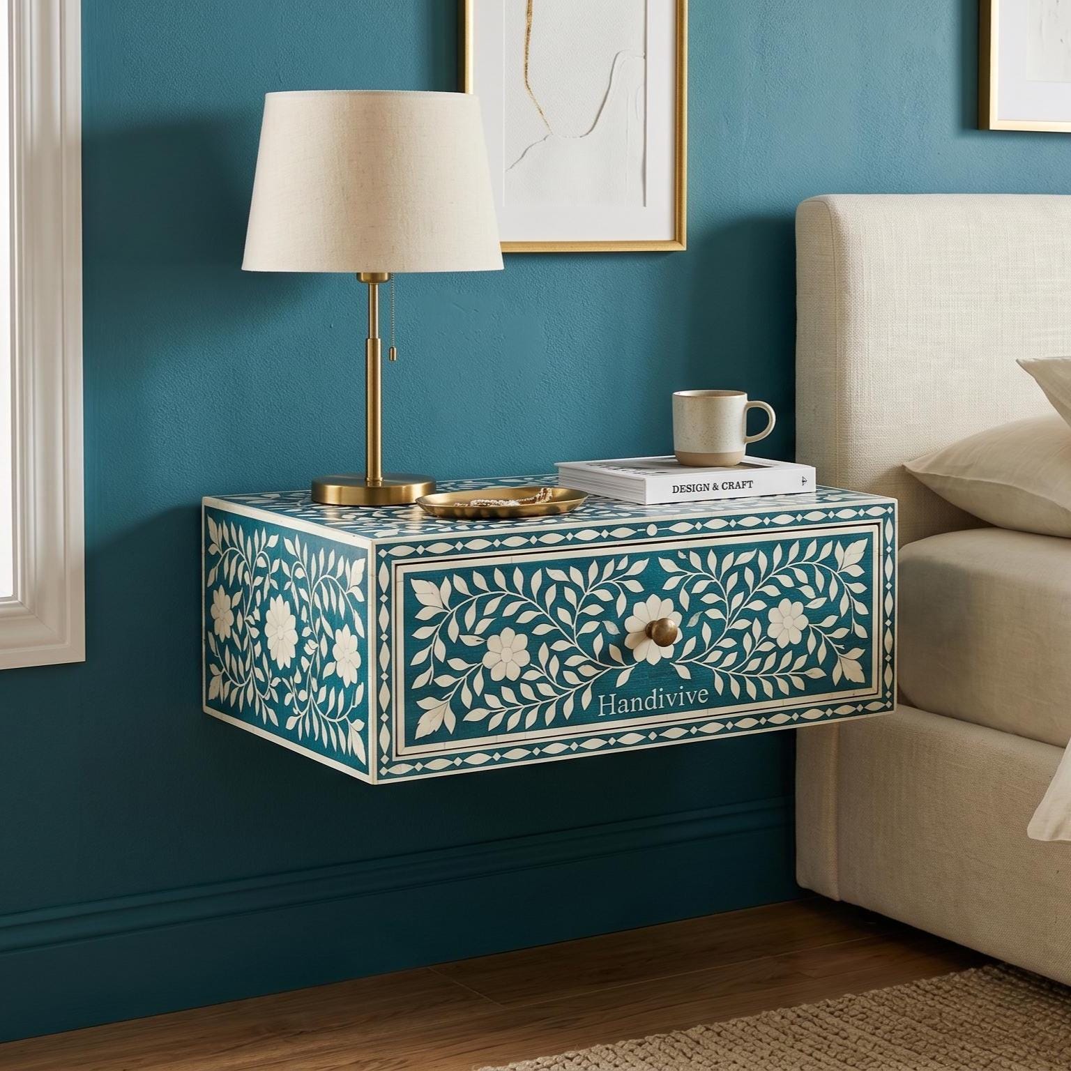 Wall Mounted Bone Inlay Bedside Table Deep Turquoise floral Design - Side Angle
