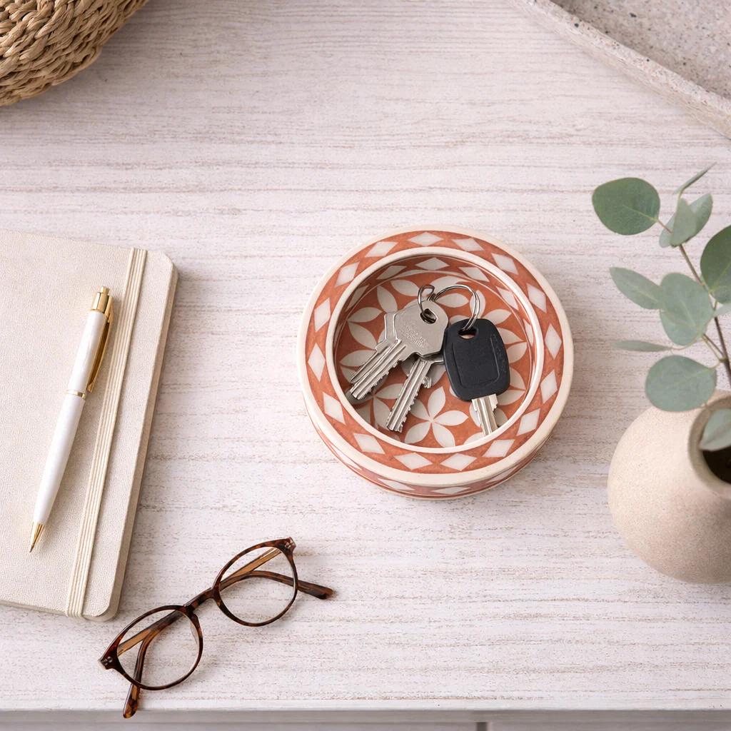 Round Bone Inlay Trinket Tray Handmade Jewelry Dish Luxury Vanity Decor - Side Angle