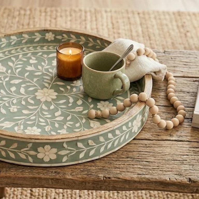 Sage Green Bone Inlay Round Tray Floral Vine Serving Tray vanity Decor - Detail Close-up