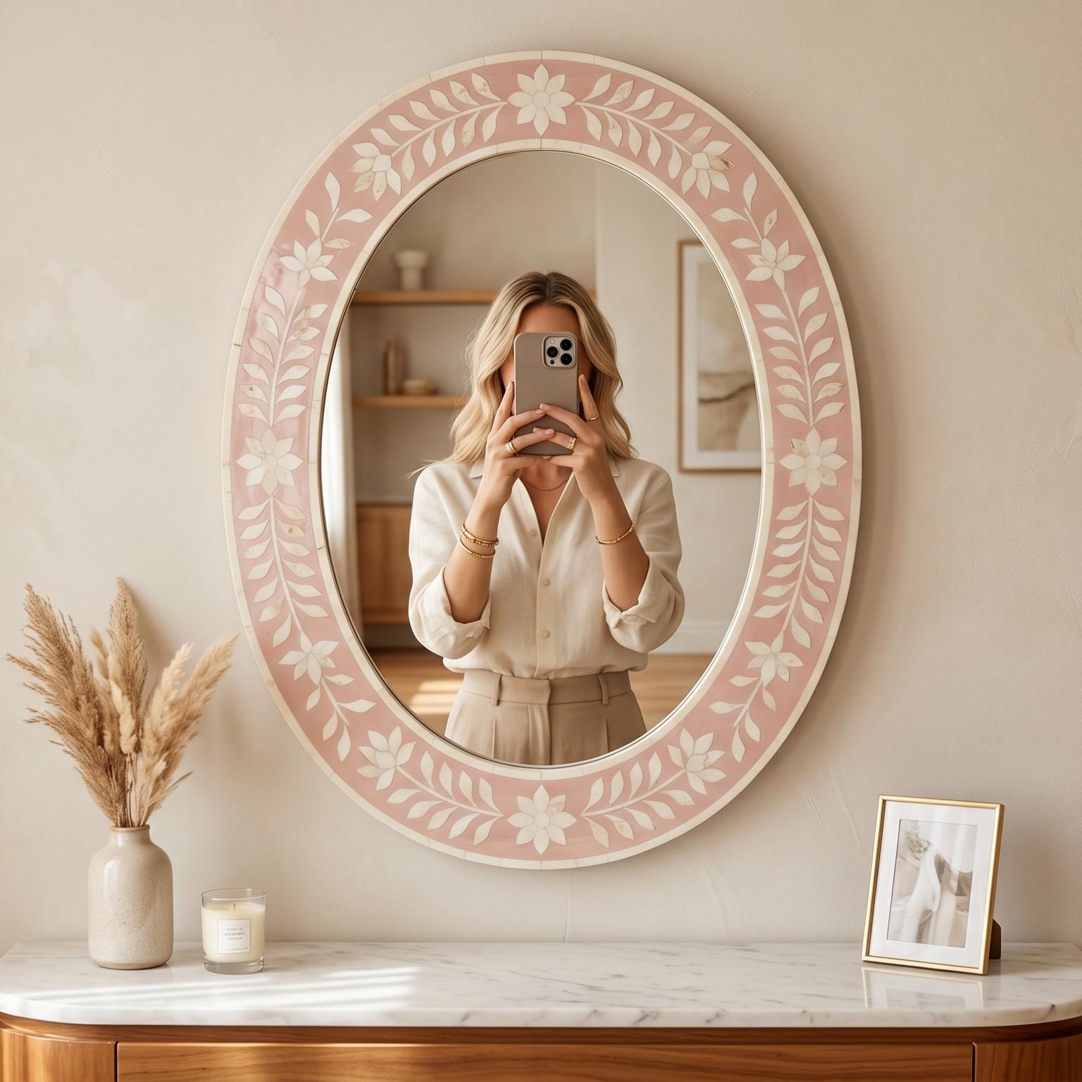 Blush Pink Floral Bone Inlay Oval Mirror, Handmade Vanity Decor Piece - Side Angle