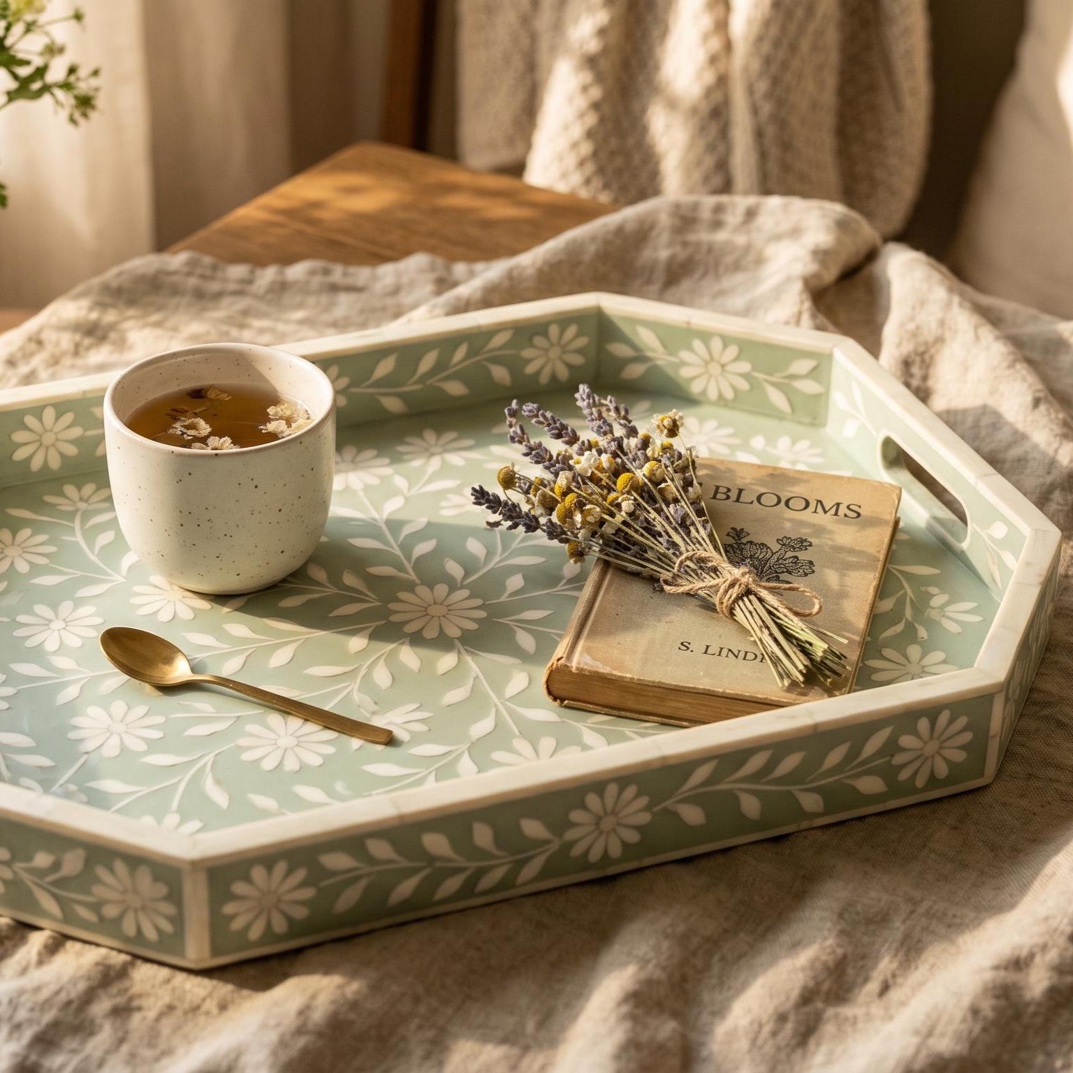 Sage Green Floral Tray Bone Inlay Daisy Pattern Handmade Decor - Detail Close-up