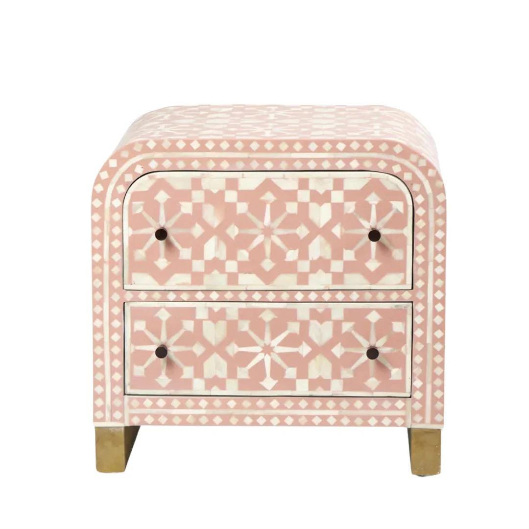 Moroccan Bone Inlay Bedside Table Two Drawer Handmade Luxury Nightstand - Alternate View 2