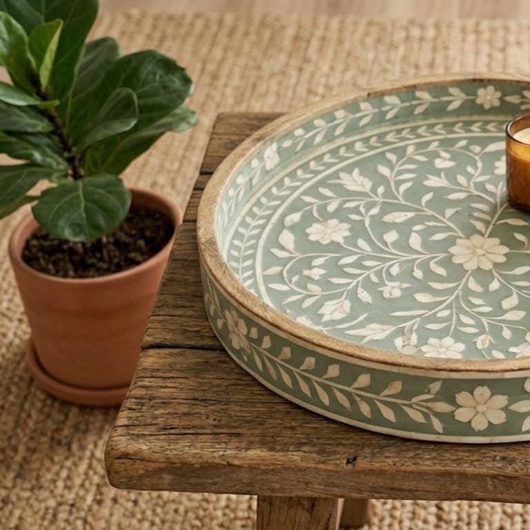 Sage Green Bone Inlay Round Tray Floral Vine Serving Tray vanity Decor - Alternate View 1