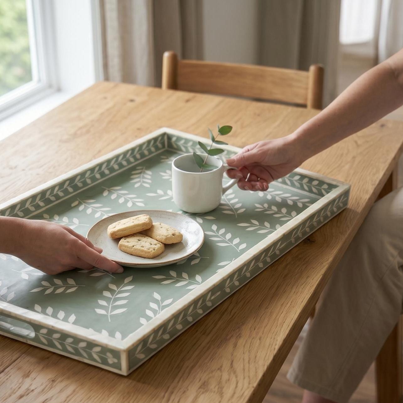 Bone Inlay Serving Tray Delicate Leaf Handmade Decorative Tray - Room Setting