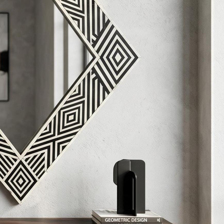 Diamond Bone Inlay Mirror, Black White Geometric Wall Decor, Handmade Vanity Piece | unique mirror - Detail Close-up